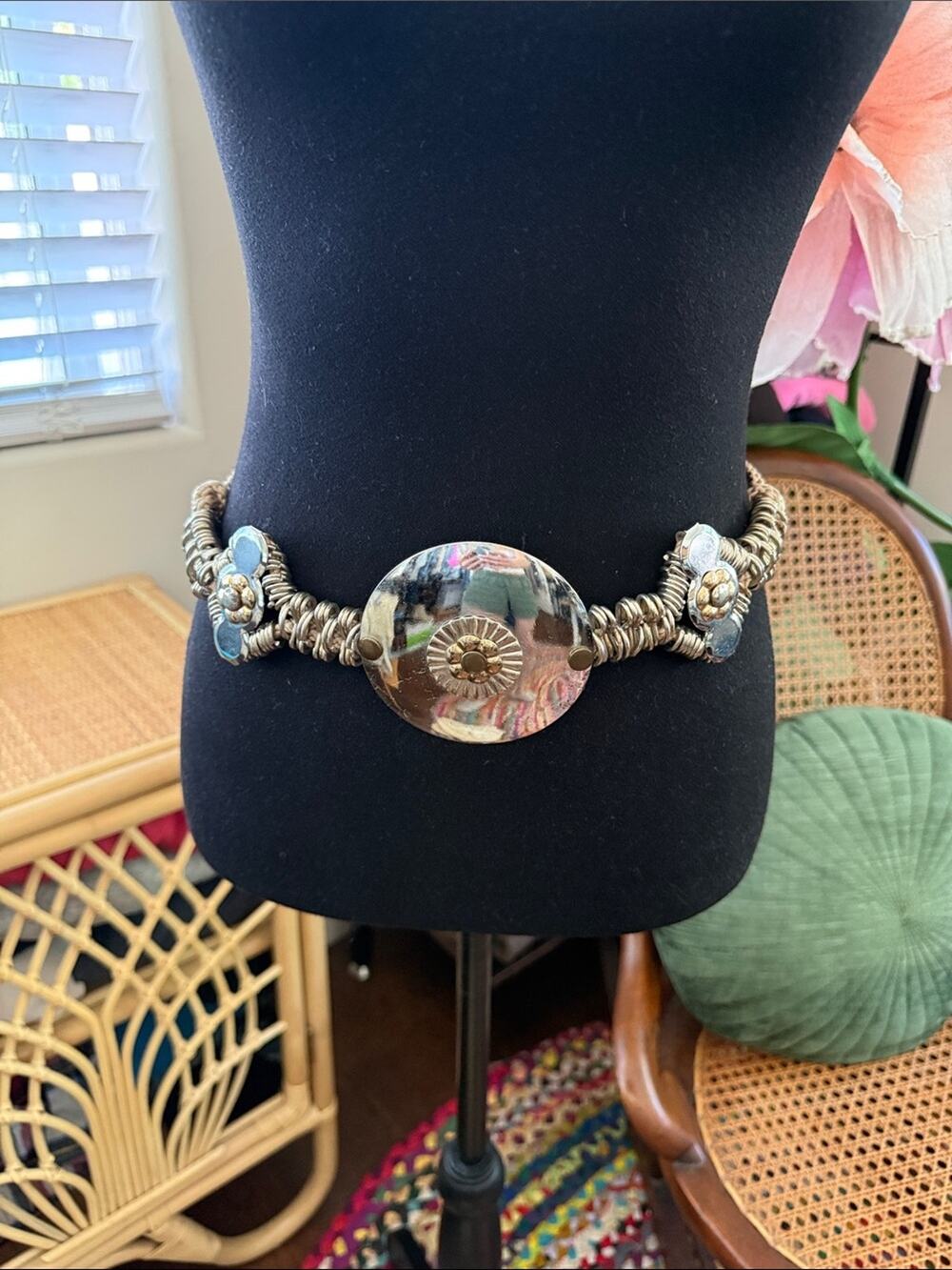 Vintage 80s Silver Brass Medallion Adjustable Boho Hippie Western Chic Belt